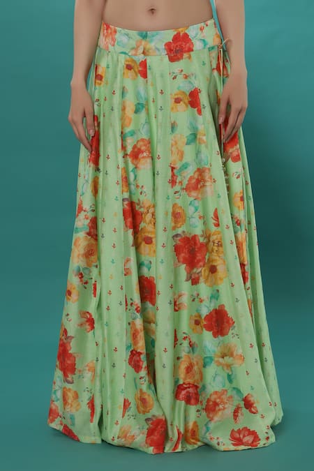 Bha Sha_Green Chanderi, Net Sequins, Pearls Round Neck Embroidered Lehenga Set _Online_at_Aza_Fashions