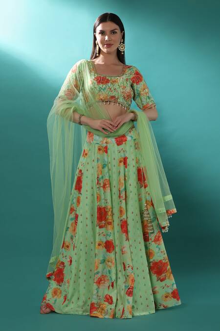 Buy_Bha Sha_Green Chanderi, Net Sequins, Pearls Round Neck Embroidered Lehenga Set _Online_at_Aza_Fashions