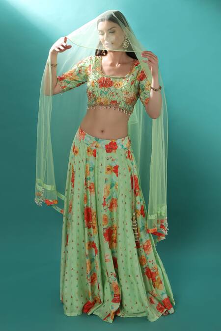 Shop_Bha Sha_Green Chanderi, Net Sequins, Pearls Round Neck Embroidered Lehenga Set _Online_at_Aza_Fashions