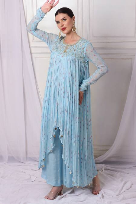Bha Sha Blue Georgette, Net, Cotton Embroidery, Sequins, High Low Tunic Palazzo Set Online at Aza Fashions Bha Sha_Blue Georgette, Net, Cotton Embroidery, Sequins, High Low Tunic Palazzo Set _Online_at_Aza_Fashions