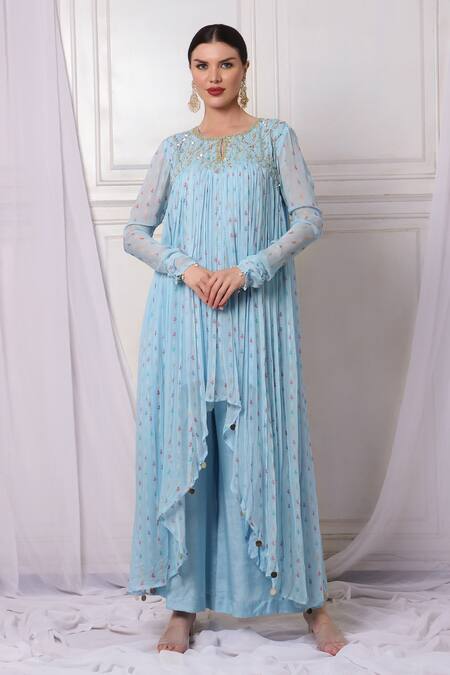 Shop Bha Sha Blue Georgette, Net, Cotton Embroidery, Sequins, High Low Tunic Palazzo Set Online at Aza Fashions Shop_Bha Sha_Blue Georgette, Net, Cotton Embroidery, Sequins, High Low Tunic Palazzo Set _Online_at_Aza_Fashions