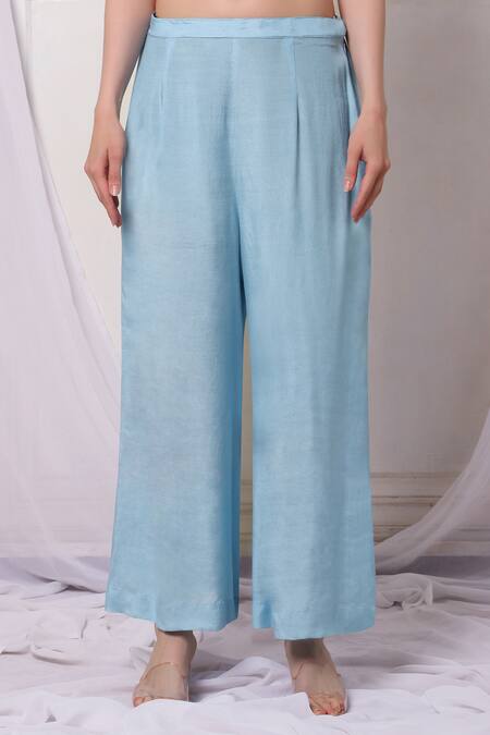 Buy Bha Sha Blue Georgette, Net, Cotton Embroidery, Sequins, High Low Tunic Palazzo Set Buy_Bha Sha_Blue Georgette, Net, Cotton Embroidery, Sequins, High Low Tunic Palazzo Set