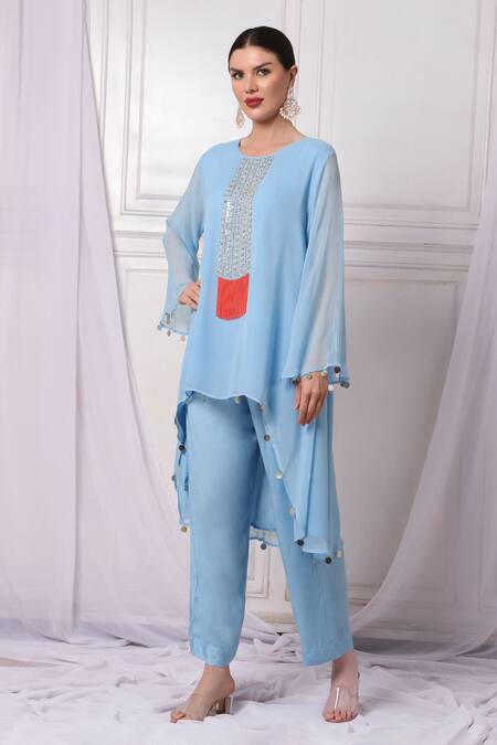 Bha Sha Blue Georgette, Cotton, Satin Sequins, And Cutbead Embroidered Tunic Pant Set Online at Aza Fashions Bha Sha_Blue Georgette, Cotton, Satin Sequins, And Cutbead Embroidered Tunic Pant Set _Online_at_Aza_Fashions