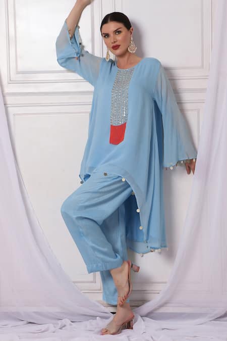 Buy Bha Sha Blue Georgette, Cotton, Satin Sequins, And Cutbead Embroidered Tunic Pant Set Online at Aza Fashions Buy_Bha Sha_Blue Georgette, Cotton, Satin Sequins, And Cutbead Embroidered Tunic Pant Set _Online_at_Aza_Fashions