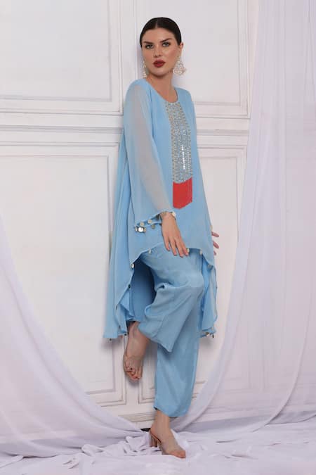 Bha Sha Blue Georgette, Cotton, Satin Sequins, And Cutbead Embroidered Tunic Pant Set at Aza Fashions Bha Sha_Blue Georgette, Cotton, Satin Sequins, And Cutbead Embroidered Tunic Pant Set _at_Aza_Fashions