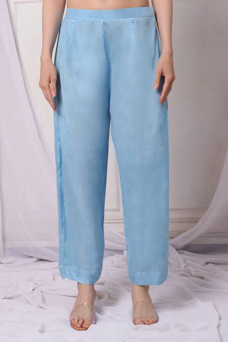 Buy Bha Sha Blue Georgette, Cotton, Satin Sequins, And Cutbead Embroidered Tunic Pant Set Buy_Bha Sha_Blue Georgette, Cotton, Satin Sequins, And Cutbead Embroidered Tunic Pant Set