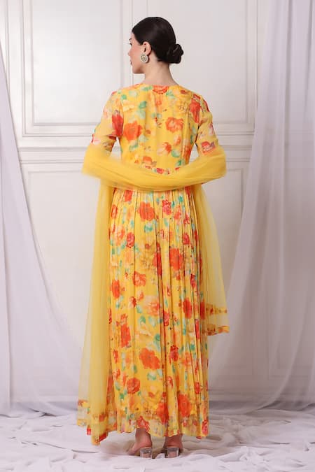 Shop Bha Sha Yellow Georgette, Net Sequins, Pearls Lapel Collar Embroidered Anarkali Pant Set at Aza Fashions Shop_Bha Sha_Yellow Georgette, Net Sequins, Pearls Lapel Collar Embroidered Anarkali Pant Set _at_Aza_Fashions