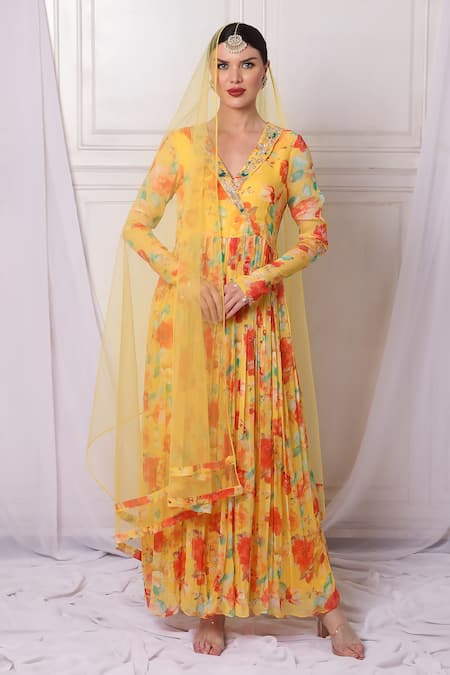 Bha Sha Yellow Georgette, Net Sequins, Pearls Lapel Collar Embroidered Anarkali Pant Set Online at Aza Fashions Bha Sha_Yellow Georgette, Net Sequins, Pearls Lapel Collar Embroidered Anarkali Pant Set _Online_at_Aza_Fashions
