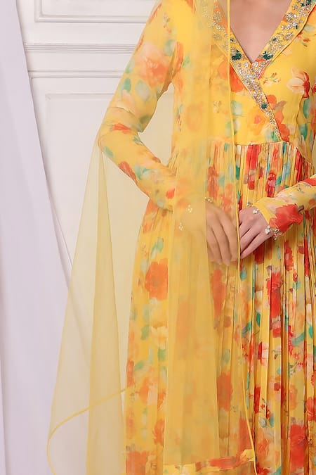 Buy Bha Sha Yellow Georgette, Net Sequins, Pearls Lapel Collar Embroidered Anarkali Pant Set Online at Aza Fashions Buy_Bha Sha_Yellow Georgette, Net Sequins, Pearls Lapel Collar Embroidered Anarkali Pant Set _Online_at_Aza_Fashions