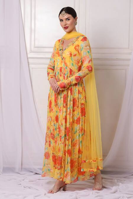 Shop Bha Sha Yellow Georgette, Net Sequins, Pearls Lapel Collar Embroidered Anarkali Pant Set Online at Aza Fashions Shop_Bha Sha_Yellow Georgette, Net Sequins, Pearls Lapel Collar Embroidered Anarkali Pant Set _Online_at_Aza_Fashions