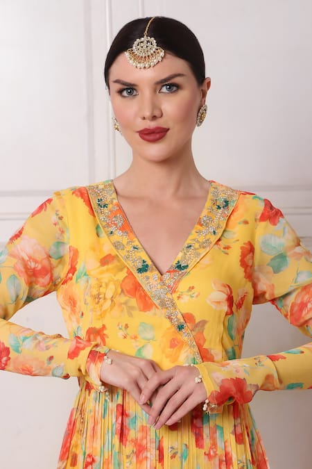 Bha Sha Yellow Georgette, Net Sequins, Pearls Lapel Collar Embroidered Anarkali Pant Set at Aza Fashions Bha Sha_Yellow Georgette, Net Sequins, Pearls Lapel Collar Embroidered Anarkali Pant Set _at_Aza_Fashions