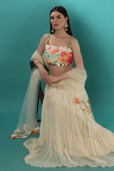 Bha Sha_Ivory Chanderi, Net, Georgette Sequins Floral Print Embroidered Lehenga Set _Online_at_Aza_Fashions