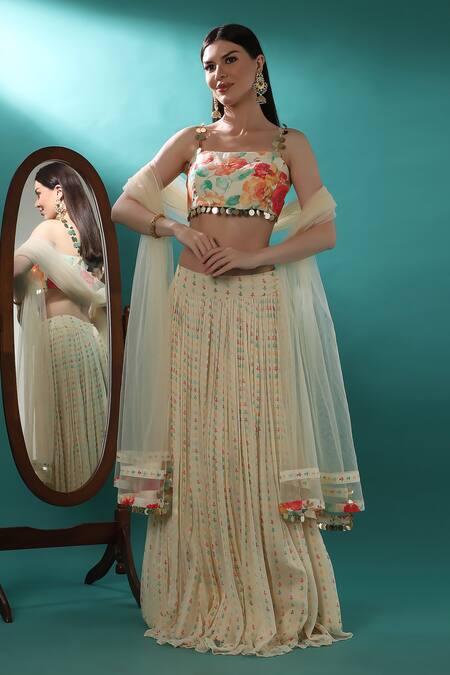 Buy_Bha Sha_Ivory Chanderi, Net, Georgette Sequins Floral Print Embroidered Lehenga Set _Online_at_Aza_Fashions
