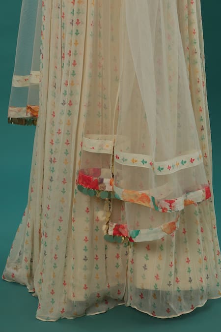 Bha Sha_Ivory Chanderi, Net, Georgette Sequins Floral Print Embroidered Lehenga Set _at_Aza_Fashions