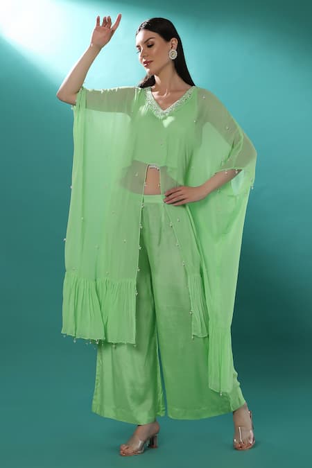 Bha sha Mirror & Resham Embroidered Kaftan Pant Set 