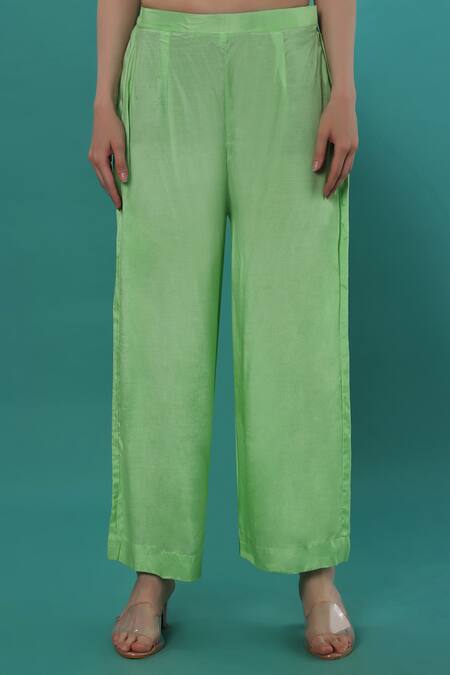 Bha Sha_Green Georgette, Satin Embroidery V-neck Mirror And Resham Kaftan Pant Set _Online_at_Aza_Fashions