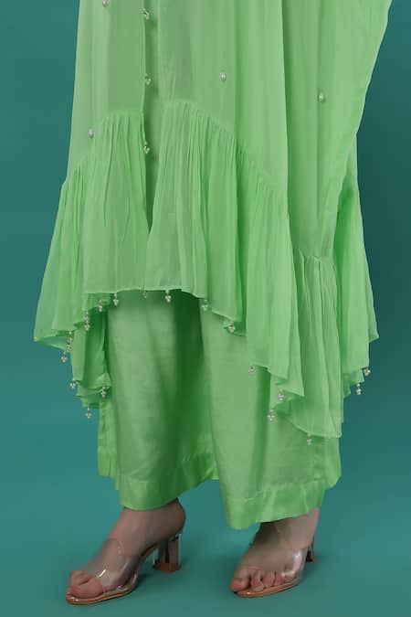 Buy_Bha Sha_Green Georgette, Satin Embroidery V-neck Mirror And Resham Kaftan Pant Set _Online_at_Aza_Fashions