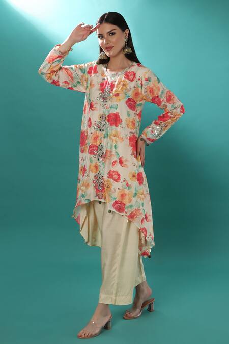 Buy_Bha Sha_Ivory Chanderi, Satin Mirrors, Embroidery Round Neck Tunic Pant Set_Online_at_Aza_Fashions