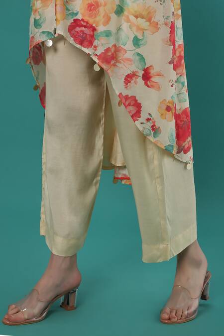 Shop_Bha Sha_Ivory Chanderi, Satin Mirrors, Embroidery Round Neck Tunic Pant Set_Online_at_Aza_Fashions