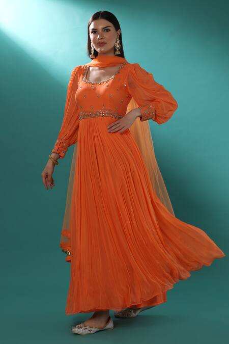 Bha Sha_Orange Georgette, Net Sequins, Pearls, Cut Embroidered Anarkali With Dupatta _Online_at_Aza_Fashions