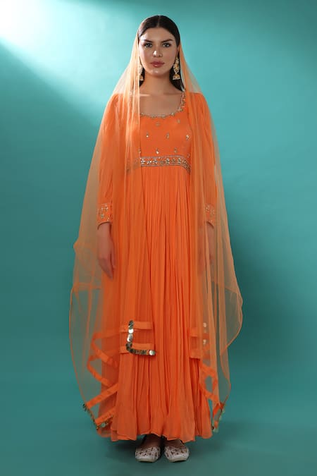 Buy_Bha Sha_Orange Georgette, Net Sequins, Pearls, Cut Embroidered Anarkali With Dupatta _Online_at_Aza_Fashions