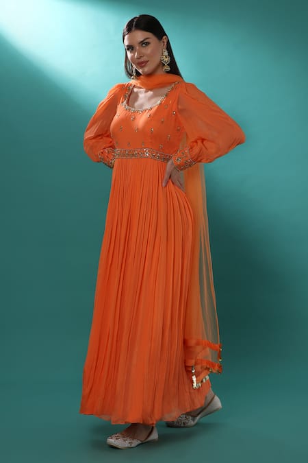 Shop_Bha Sha_Orange Georgette, Net Sequins, Pearls, Cut Embroidered Anarkali With Dupatta _Online_at_Aza_Fashions