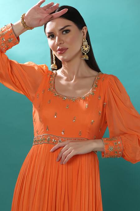 Bha Sha_Orange Georgette, Net Sequins, Pearls, Cut Embroidered Anarkali With Dupatta _at_Aza_Fashions