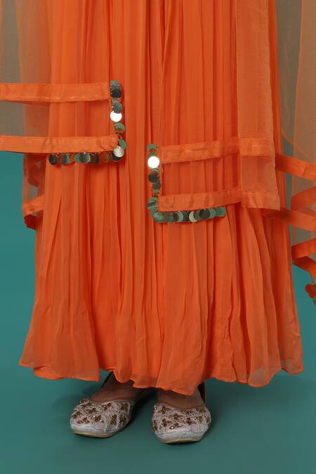 Buy_Bha Sha_Orange Georgette, Net Sequins, Pearls, Cut Embroidered Anarkali With Dupatta 