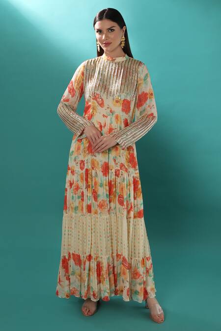 Bha Sha_Ivory Georgette, Net Sequins, Floral Pattern Embroidered Anarkali With Dupatta _Online_at_Aza_Fashions