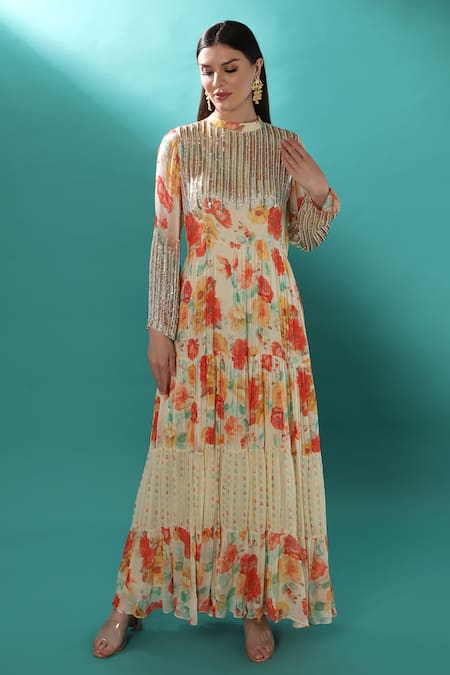 Buy_Bha Sha_Ivory Georgette, Net Sequins, Floral Pattern Embroidered Anarkali With Dupatta _Online_at_Aza_Fashions