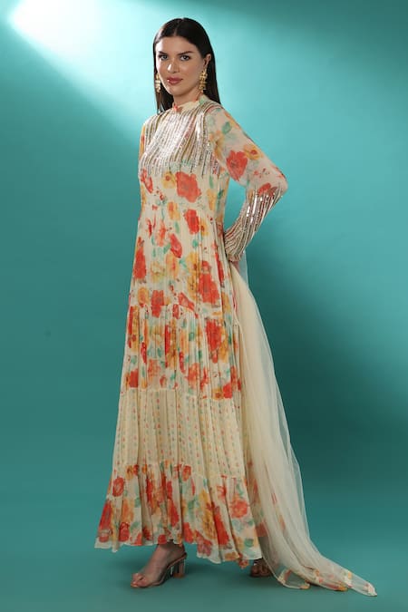 Shop_Bha Sha_Ivory Georgette, Net Sequins, Floral Pattern Embroidered Anarkali With Dupatta _Online_at_Aza_Fashions