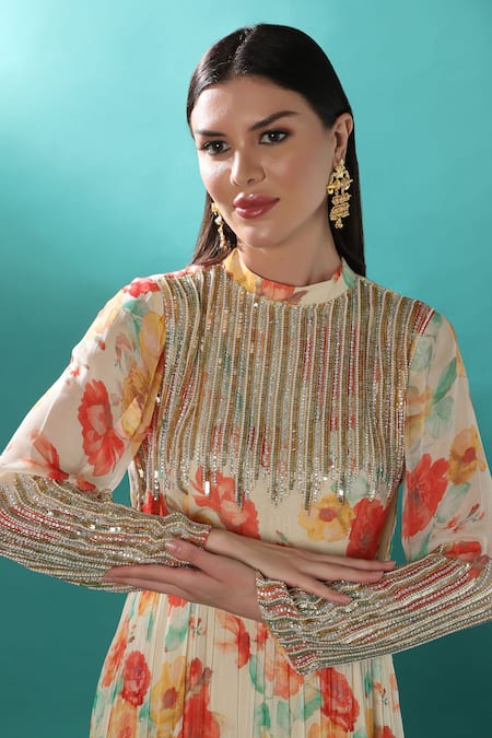 Bha Sha_Ivory Georgette, Net Sequins, Floral Pattern Embroidered Anarkali With Dupatta _at_Aza_Fashions