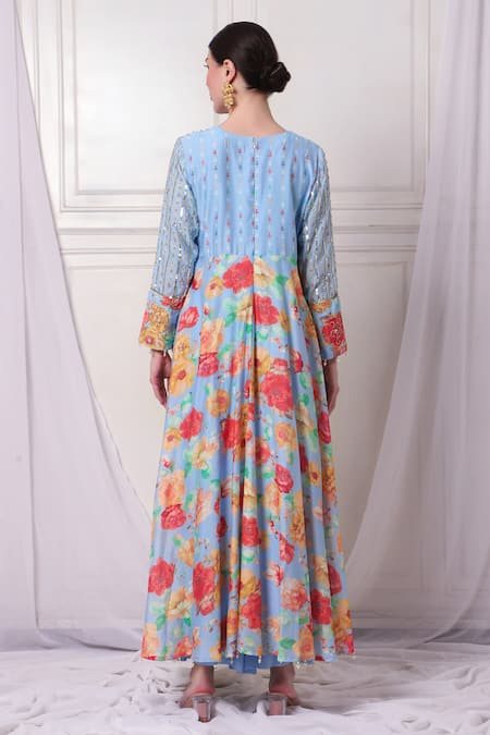 Shop Bha Sha Blue Chanderi, Net Beads, Pearls, Sequins, Embroidery Asymmetric Tunic Pant Set at Aza Fashions Shop_Bha Sha_Blue Chanderi, Net Beads, Pearls, Sequins, Embroidery Asymmetric Tunic Pant Set _at_Aza_Fashions