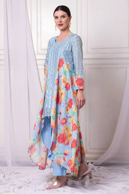Bha Sha Blue Chanderi, Net Beads, Pearls, Sequins, Embroidery Asymmetric Tunic Pant Set Online at Aza Fashions Bha Sha_Blue Chanderi, Net Beads, Pearls, Sequins, Embroidery Asymmetric Tunic Pant Set _Online_at_Aza_Fashions