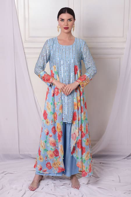 Buy Bha Sha Blue Chanderi, Net Beads, Pearls, Sequins, Embroidery Asymmetric Tunic Pant Set Online at Aza Fashions Buy_Bha Sha_Blue Chanderi, Net Beads, Pearls, Sequins, Embroidery Asymmetric Tunic Pant Set _Online_at_Aza_Fashions