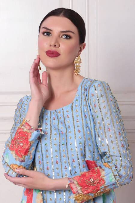 Shop Bha Sha Blue Chanderi, Net Beads, Pearls, Sequins, Embroidery Asymmetric Tunic Pant Set Online at Aza Fashions Shop_Bha Sha_Blue Chanderi, Net Beads, Pearls, Sequins, Embroidery Asymmetric Tunic Pant Set _Online_at_Aza_Fashions