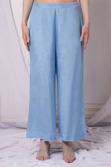 Bha Sha Blue Chanderi, Net Beads, Pearls, Sequins, Embroidery Asymmetric Tunic Pant Set at Aza Fashions Bha Sha_Blue Chanderi, Net Beads, Pearls, Sequins, Embroidery Asymmetric Tunic Pant Set _at_Aza_Fashions