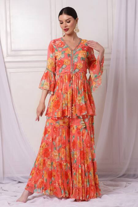 Bha Sha_Pink Georgette, Net Pearls, Floral Pattern Embroidered Tunic Sharara Set_Online_at_Aza_Fashions