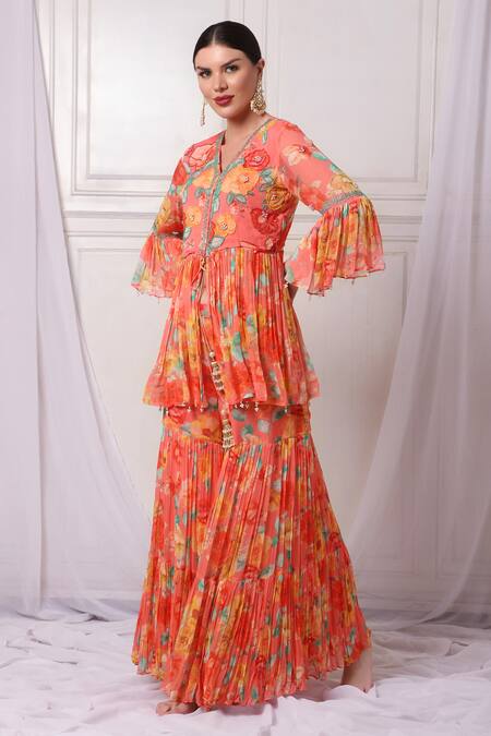 Buy_Bha Sha_Pink Georgette, Net Pearls, Floral Pattern Embroidered Tunic Sharara Set_Online_at_Aza_Fashions