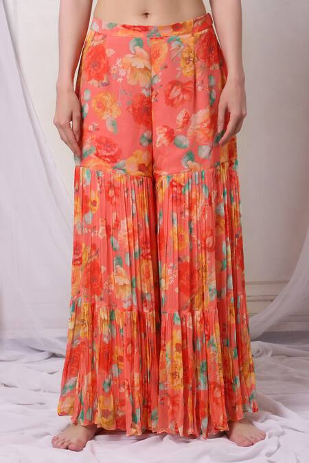 Shop_Bha Sha_Pink Georgette, Net Pearls, Floral Pattern Embroidered Tunic Sharara Set_Online_at_Aza_Fashions