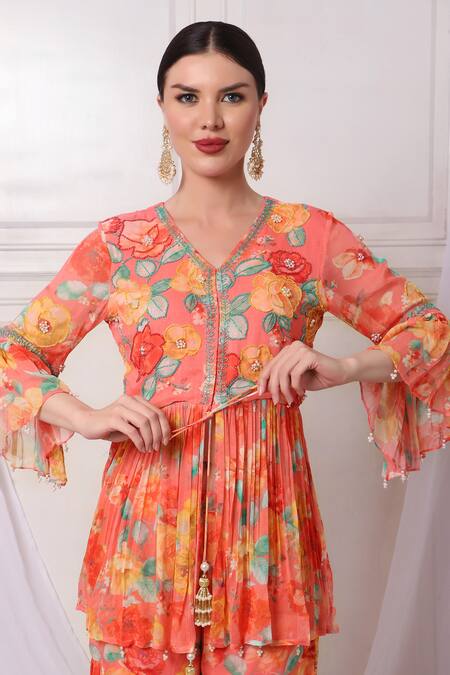 Bha Sha_Pink Georgette, Net Pearls, Floral Pattern Embroidered Tunic Sharara Set_at_Aza_Fashions