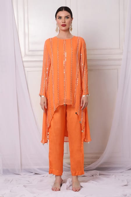 Bha Sha_Orange Georgette, Cotton Sequins, Cut Metallic Thread Embroidered Tunic Pant Set _Online_at_Aza_Fashions