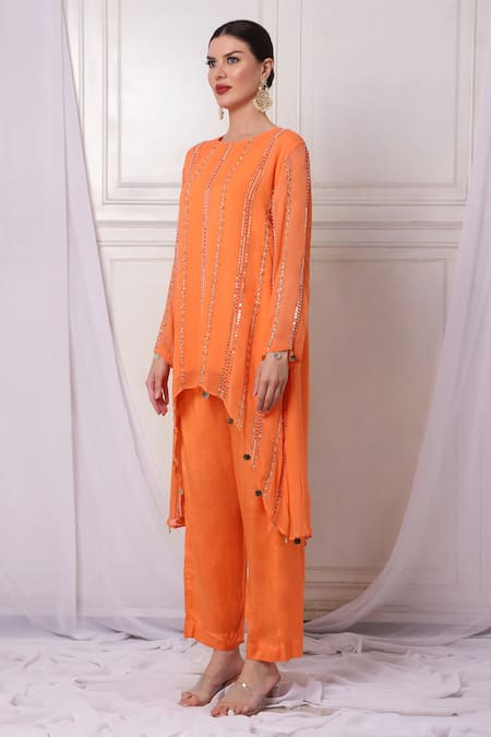 Buy_Bha Sha_Orange Georgette, Cotton Sequins, Cut Metallic Thread Embroidered Tunic Pant Set _Online_at_Aza_Fashions