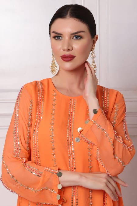 Shop_Bha Sha_Orange Georgette, Cotton Sequins, Cut Metallic Thread Embroidered Tunic Pant Set _Online_at_Aza_Fashions
