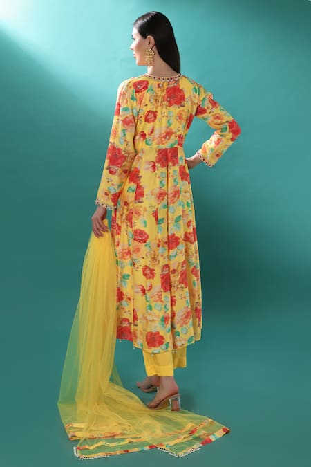 Shop_Bha Sha_Yellow Chanderi, Net, Satin Sequins, Stones, Cut Printed Angarkha Kurta Pant Set _at_Aza_Fashions