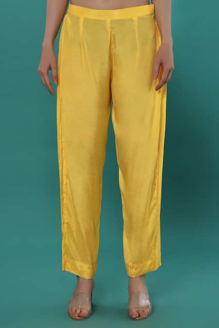 Bha Sha_Yellow Chanderi, Net, Satin Sequins, Stones, Cut Printed Angarkha Kurta Pant Set _Online_at_Aza_Fashions