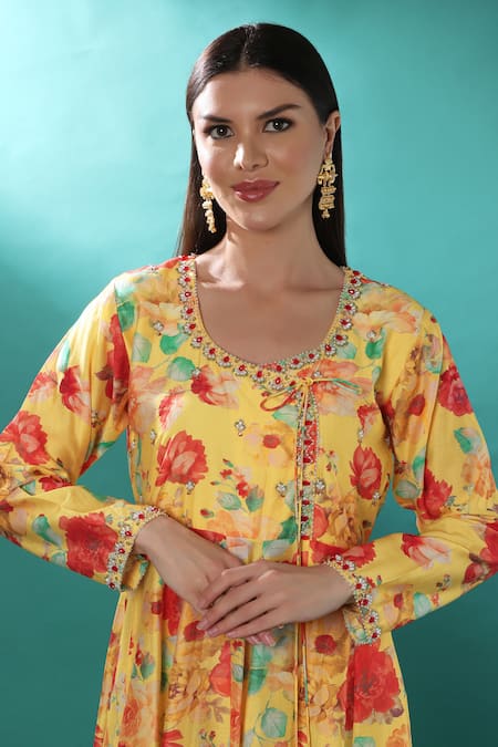Buy_Bha Sha_Yellow Chanderi, Net, Satin Sequins, Stones, Cut Printed Angarkha Kurta Pant Set _Online_at_Aza_Fashions