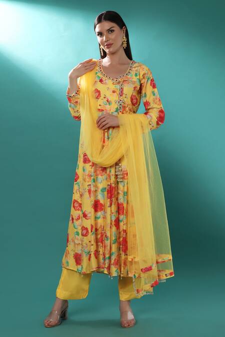 Shop_Bha Sha_Yellow Chanderi, Net, Satin Sequins, Stones, Cut Printed Angarkha Kurta Pant Set _Online_at_Aza_Fashions