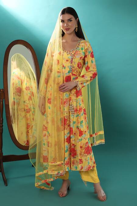 Bha Sha_Yellow Chanderi, Net, Satin Sequins, Stones, Cut Printed Angarkha Kurta Pant Set _at_Aza_Fashions