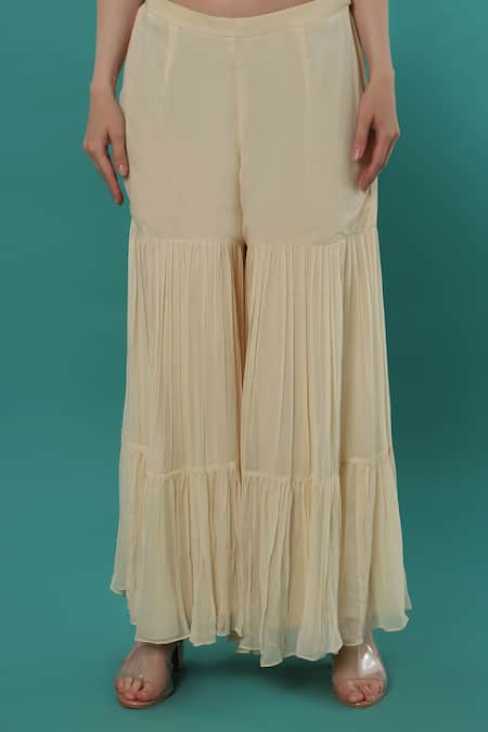 Bha Sha_Ivory Georgette, Net Pearls, Stones, Cut Bead Embellished Tunic Sharara Set _Online_at_Aza_Fashions